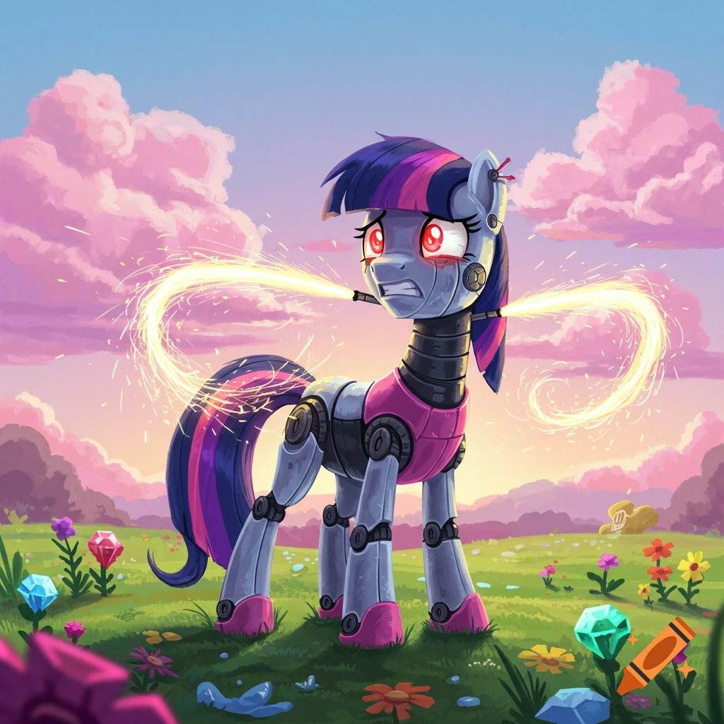 A distressed robot pony, resembling My Little Pony, malfunctions with sparks from its neck and tail, standing in a colorful field under a pink and blue sky.