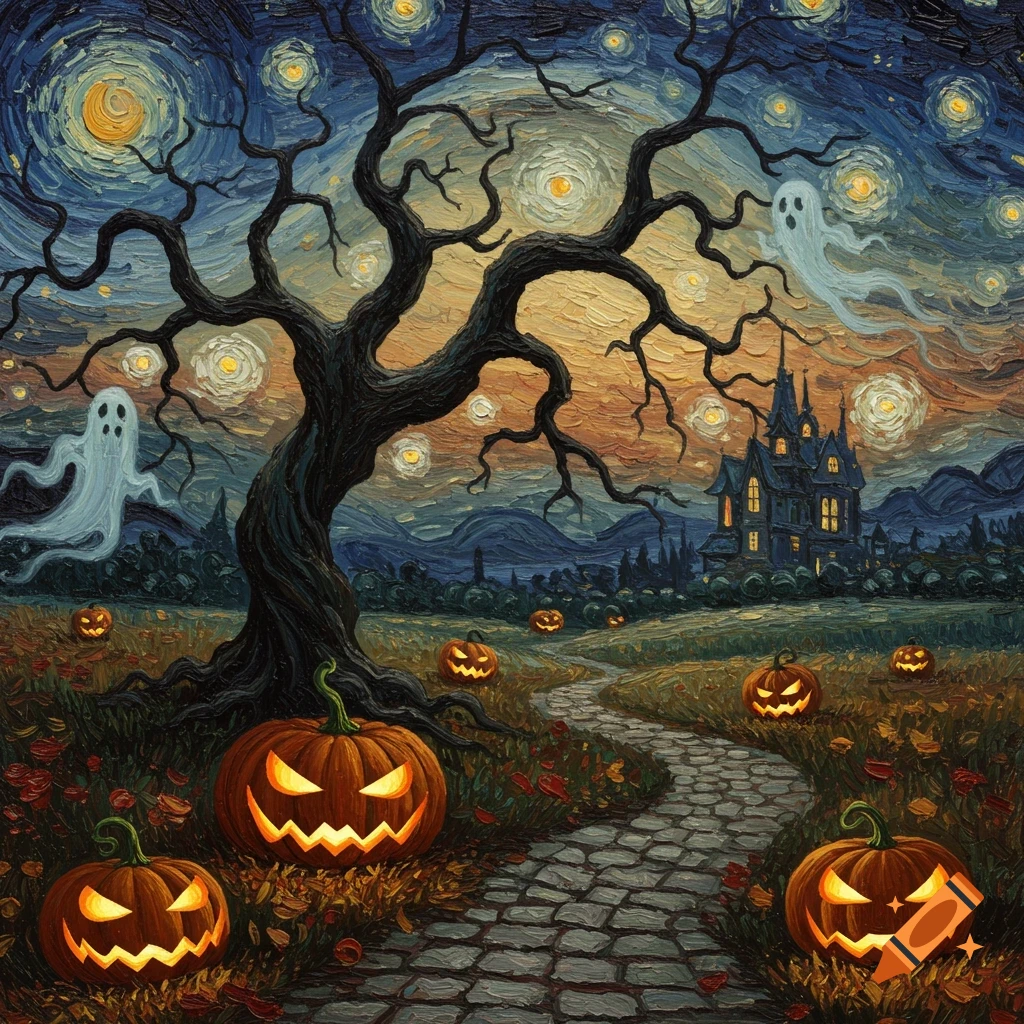 Van Gogh style Halloween night with a twisted tree, ghosts, glowing jack-o'-lanterns, and a haunted mansion.