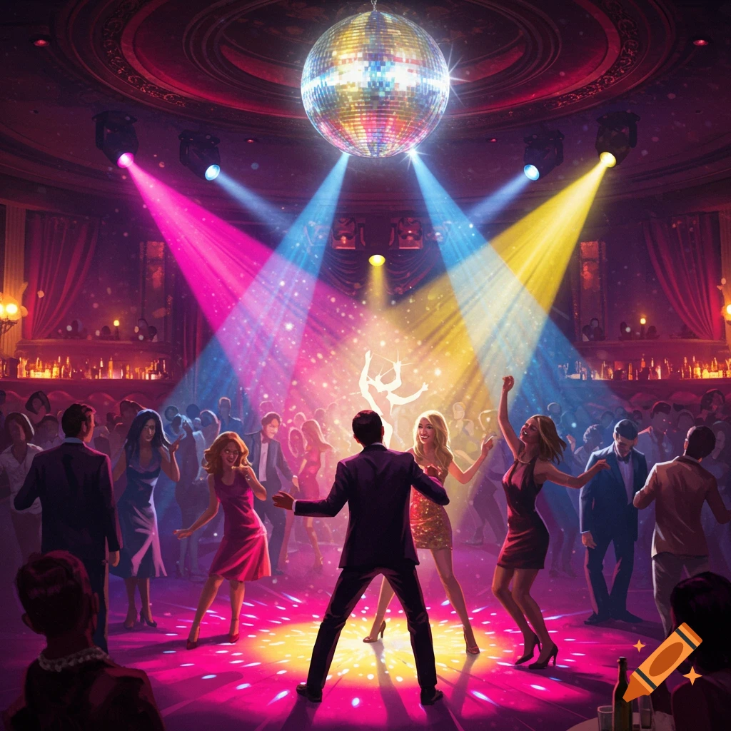 People dancing under a sparkling disco ball and colorful spotlights in a vibrant, illustrative disco hall.