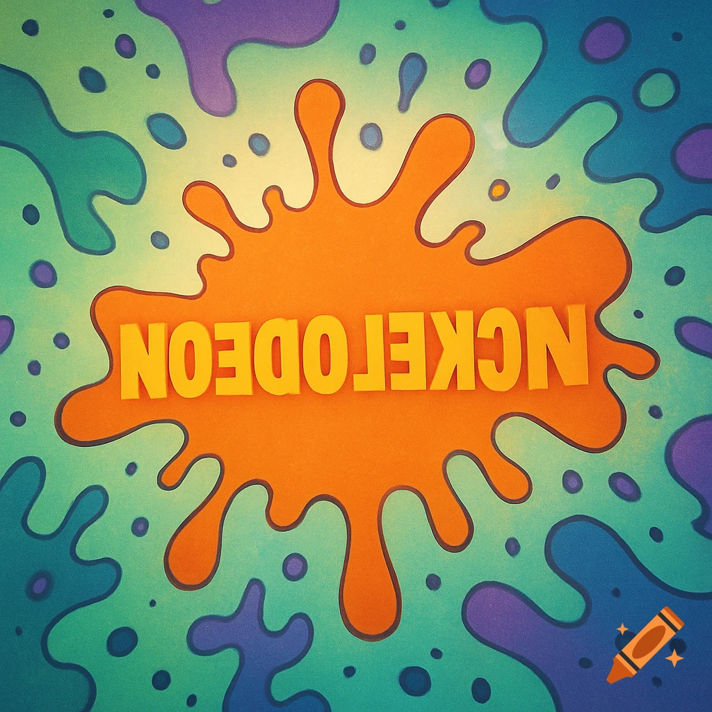 The word NOEDOLEKCIN (Nickelodeon spelled backwards) in orange on a green, teal, and purple splatter background.
