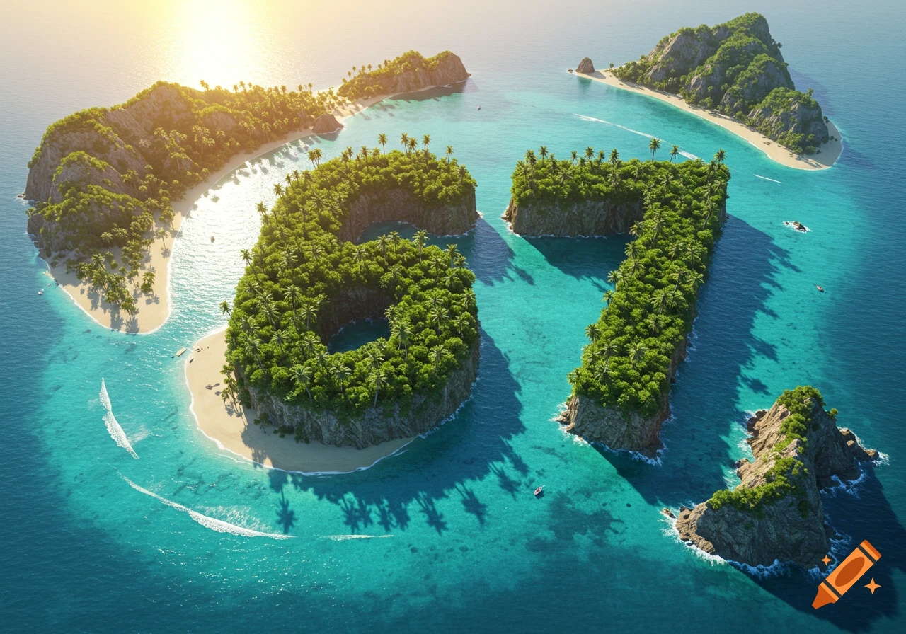Aerial view of two lush, tropical islands shaped like the numbers '6' and '7' in clear turquoise ocean water under a sunny sky.