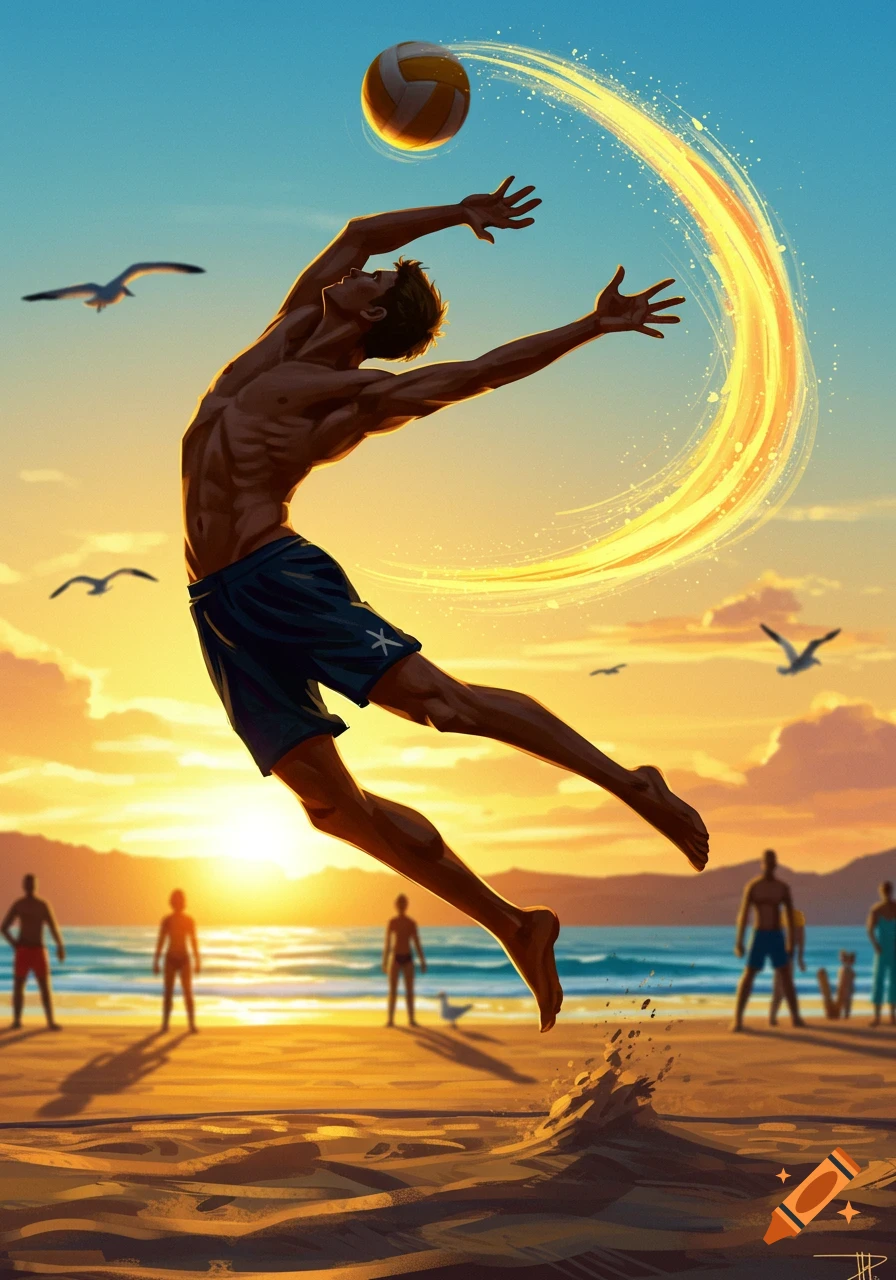 An athletic man leaps to spike a volleyball on a vibrant beach at sunset, with a glowing trail from the ball.