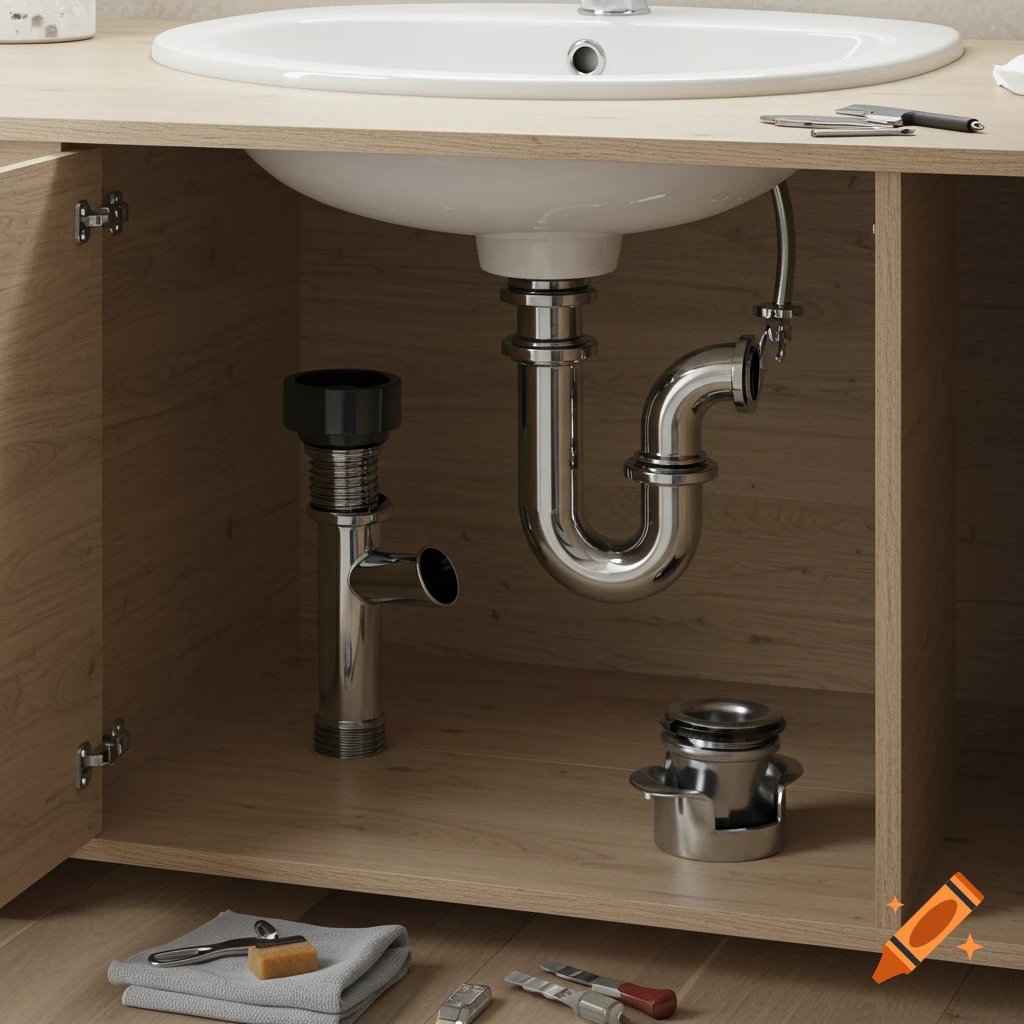 Neatly reassembled chrome sink plumbing under a light wood bathroom vanity, with tools and a cloth nearby.