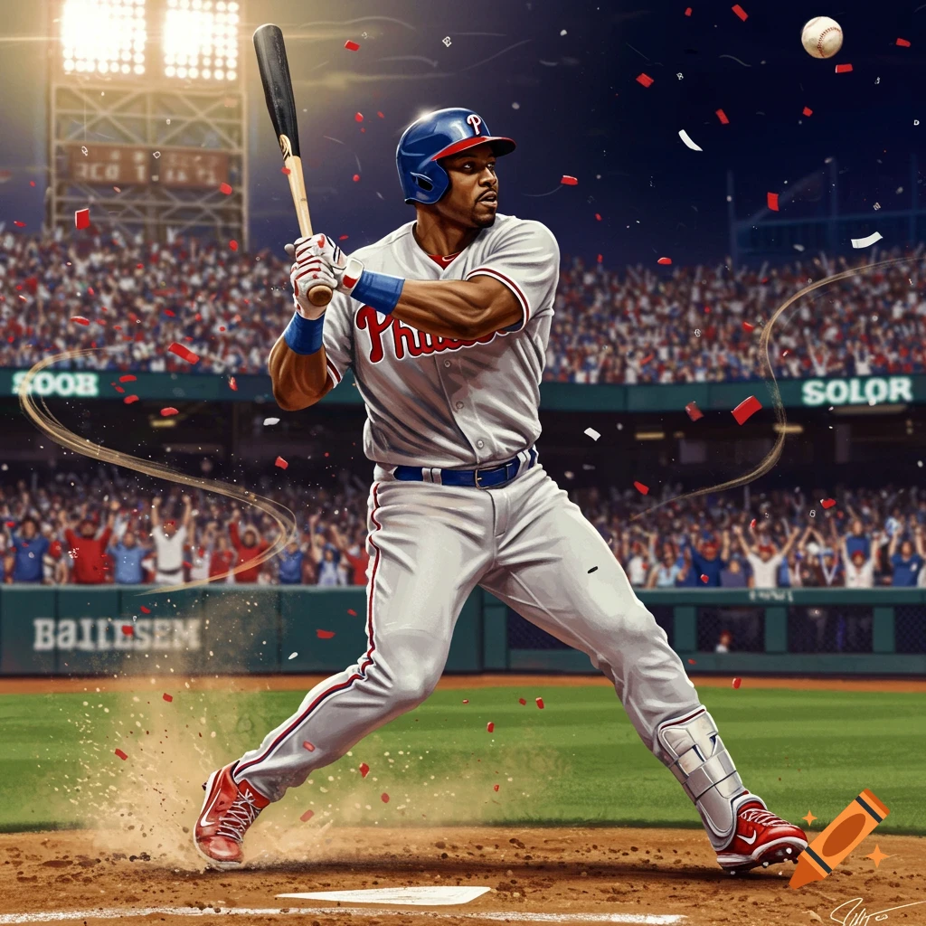 An illustrated baseball player in a gray Phillies uniform swings a bat in a stadium with confetti, focused on the ball.