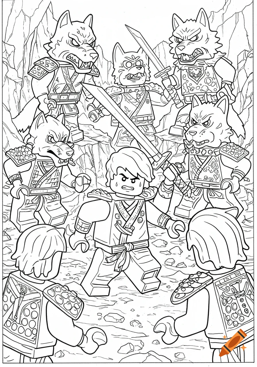 Black and white coloring page of a Lego Ninjago ninja fighting multiple wolf-masked villains in a rocky arena.