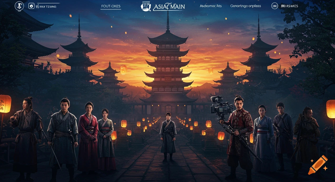 A group of people in traditional East Asian attire stand before grand pagodas and lanterns at sunset, one holding a film camera.