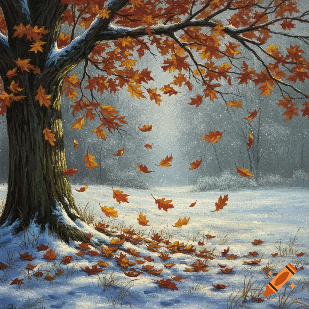 Oil pastel painting of vibrant orange autumn leaves falling from a large tree onto snow-covered ground.