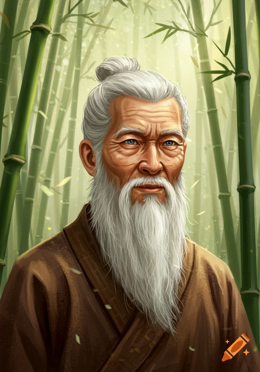 A detailed portrait of an old Asian man with a long white beard and topknot, wearing a brown robe, in a bamboo forest.