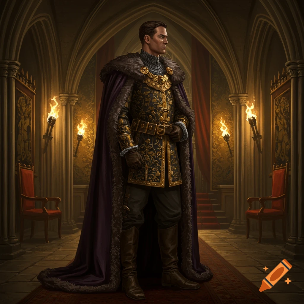 A man in a fur-trimmed purple and gold medieval robe stands in a grand castle hall with torches and red chairs.