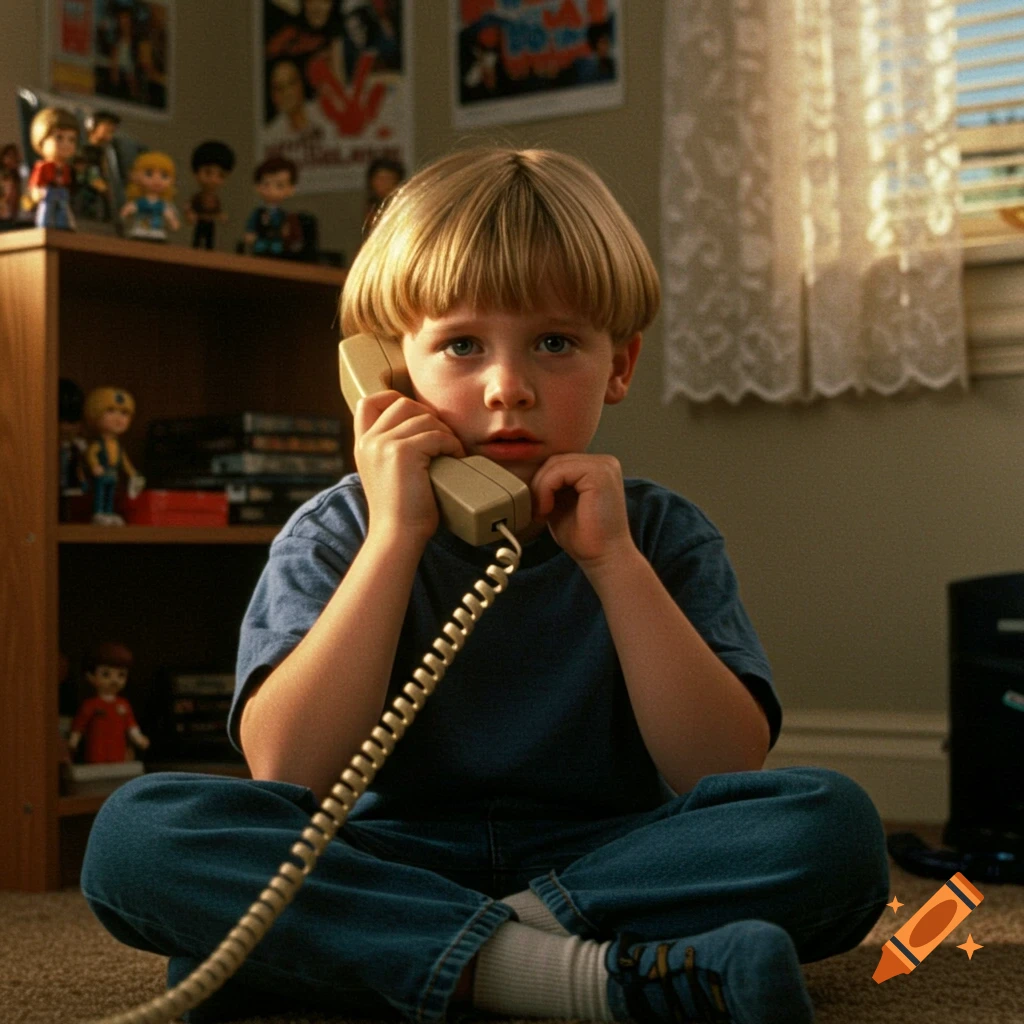 A concerned little boy with a bowl cut sits cross-legged on the floor, holding a beige house phone to his ear in a 1990s-style room.