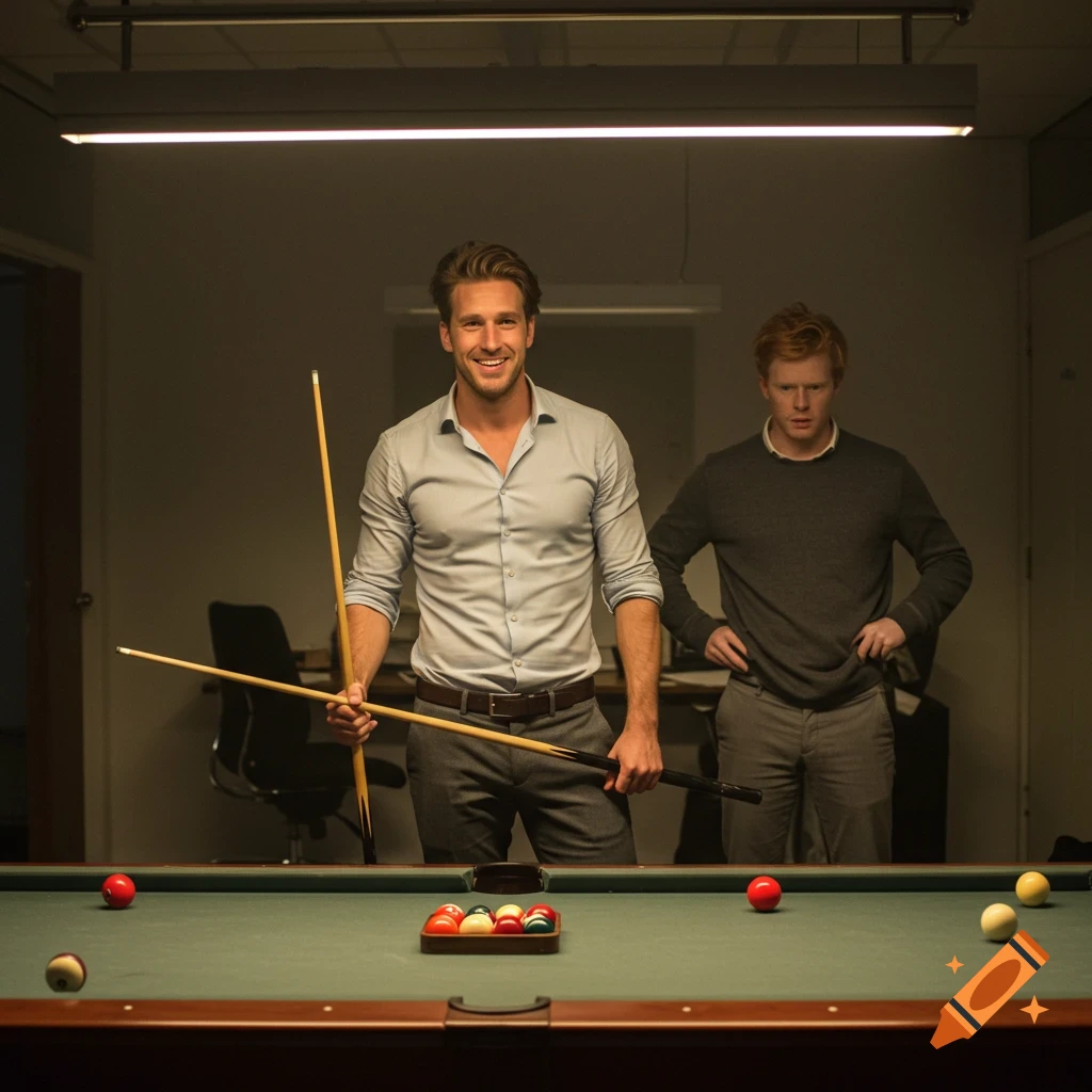 A smiling man in a light blue shirt holds pool cues over a billiard table in an office, with another man in a dark sweater standing behind him.
