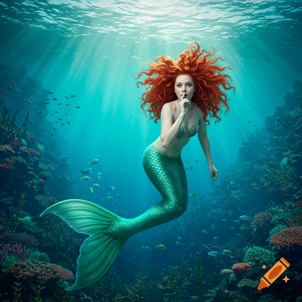 Photorealistic mermaid with red curly hair and green tail, finger to mouth, in an underwater coral reef.