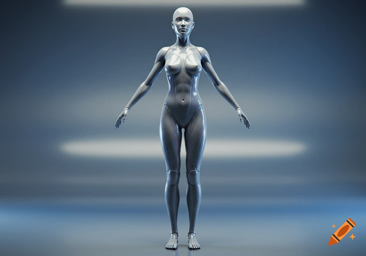 3D rendering of a silver female robot in a t-pose against a blue-grey background.