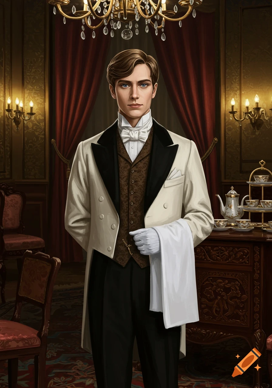 A young butler in Victorian attire, wearing a white tailcoat and brown waistcoat, stands formally in an opulent room.