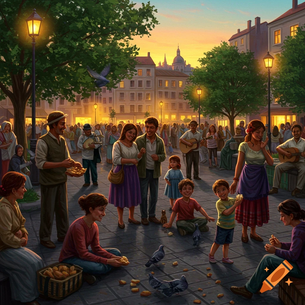 A vibrant illustration of a busy town square at sunset, with many people, children, and pigeons interacting and feeding on bread crumbs. Musicians play in the background.