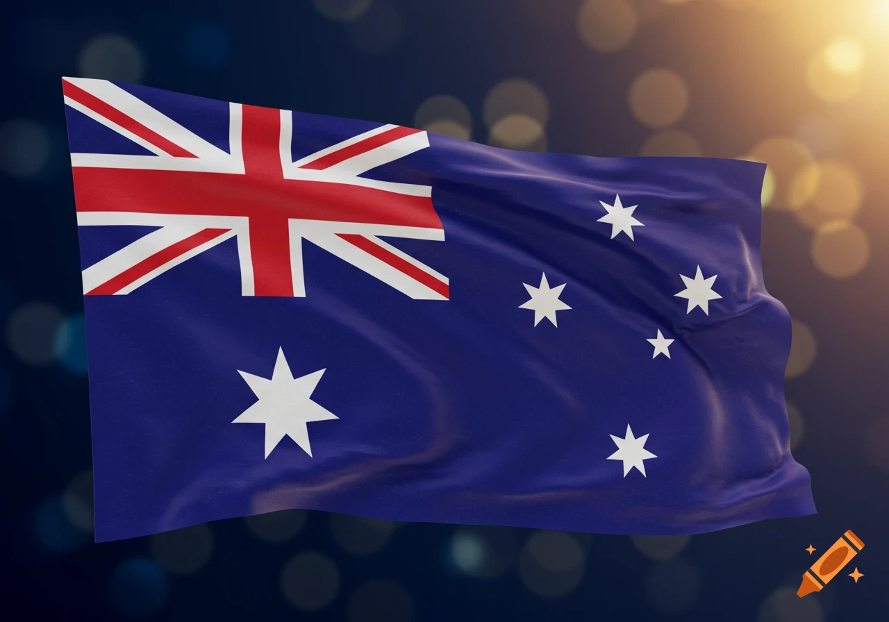 A waving Australian flag set against a dark, bokeh-filled background with warm light.