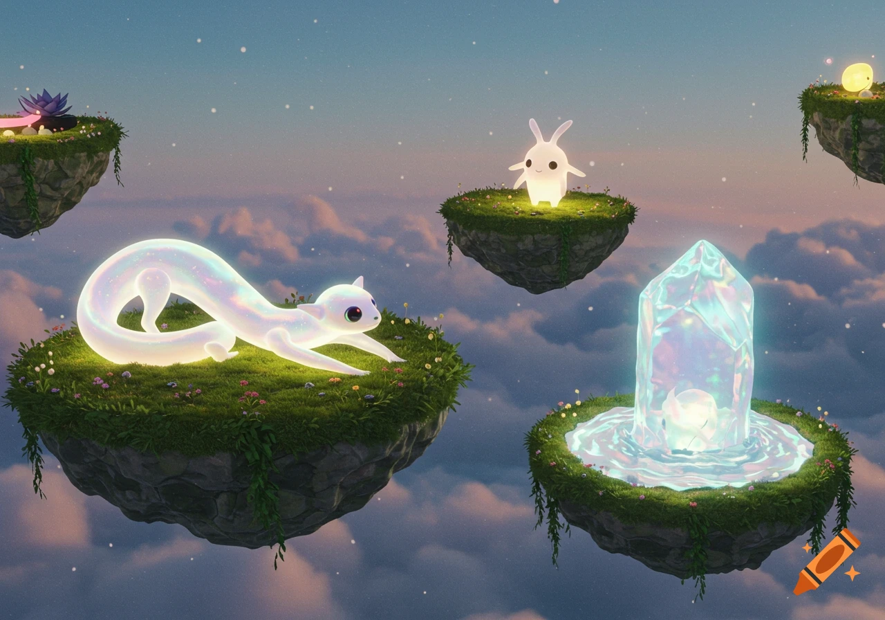 A glowing white weasel-like creature, a small glowing rabbit, and an iridescent crystal on separate floating grassy islands in a cloudy, starry sky.