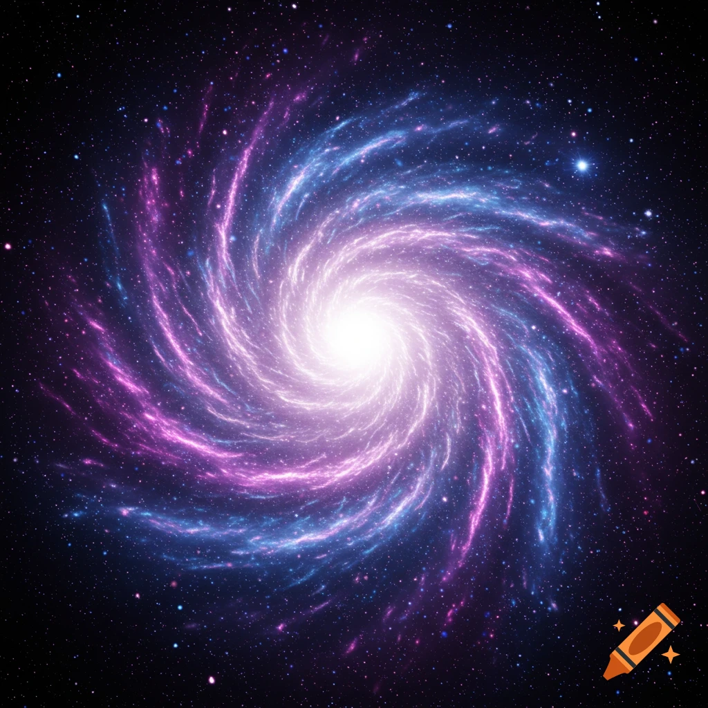 A vibrant spiral galaxy with glowing pink and blue arms, a bright white core, and numerous surrounding stars against a dark background.