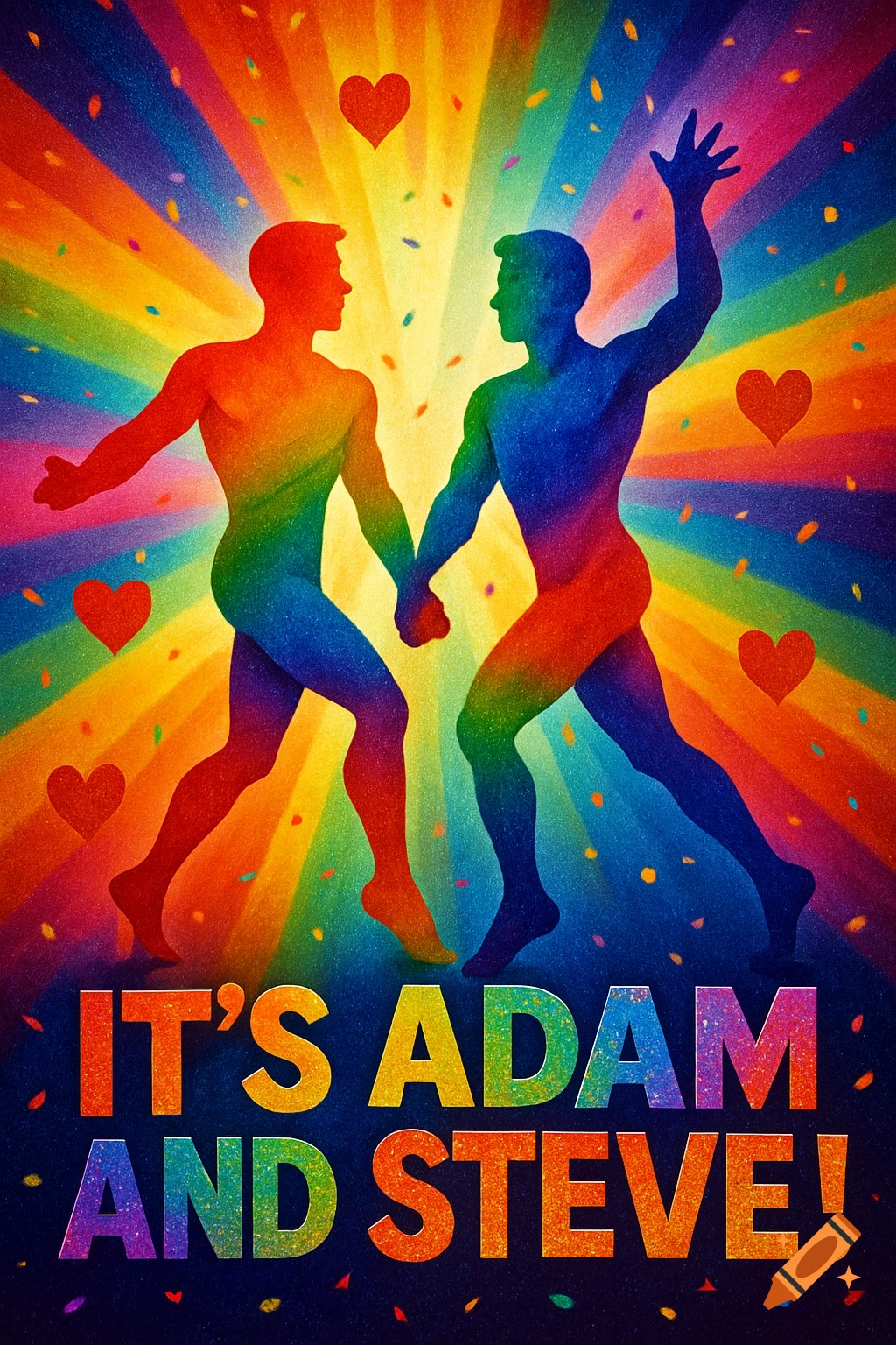 Two rainbow-colored male silhouettes holding hands against a radiant rainbow background with hearts and confetti, text 'IT S ADAM AND STEVE!'.