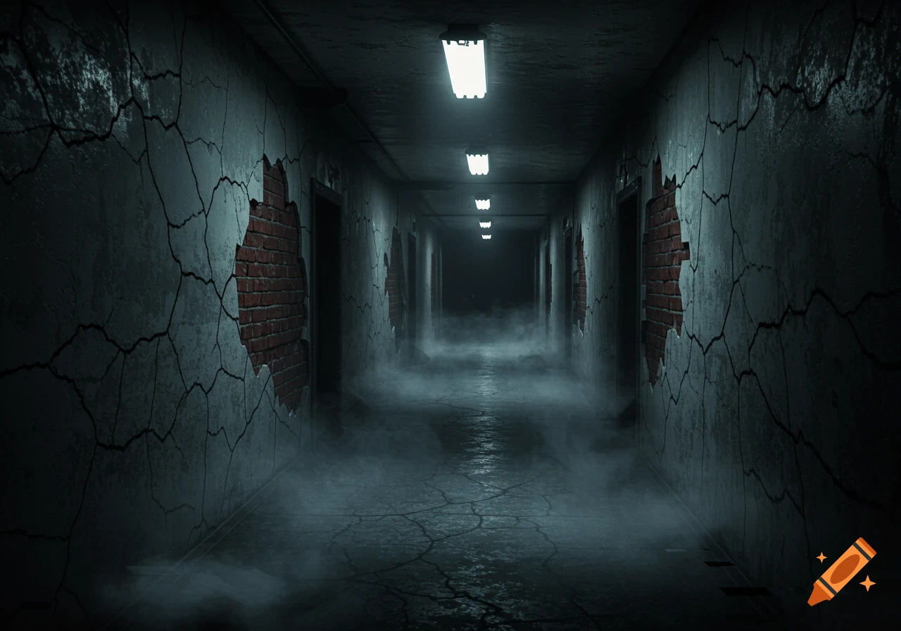 A dark, cracked corridor with exposed brick walls, filled with mist and lit by dim fluorescent lights, creating a horror atmosphere.