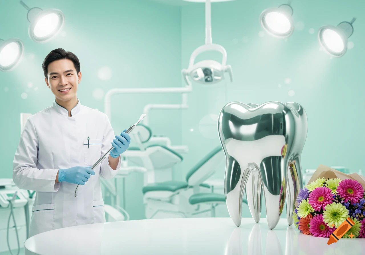 A smiling male dentist in a white coat holds a dental tool in a mint-green office, next to a silver tooth model and flowers.