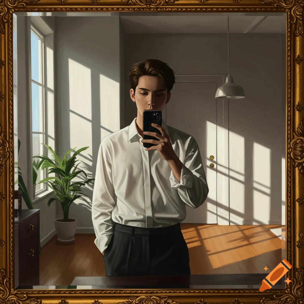 A young man with dark hair in a white shirt and black pants takes a mirror selfie in a sunlit room, digital art.