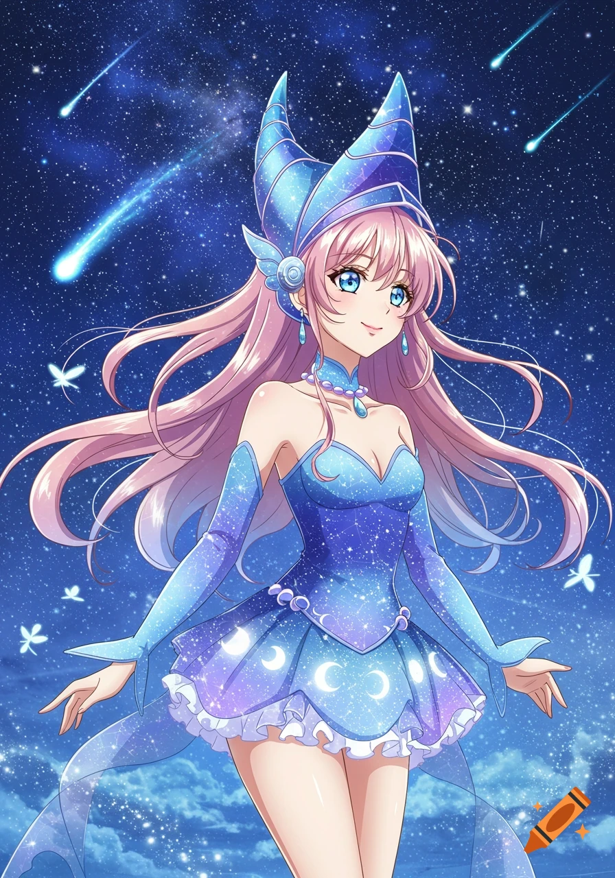 An anime magical girl with pink hair and blue eyes, wearing a starry blue dress and hat, standing against a dark blue night sky with shooting stars.