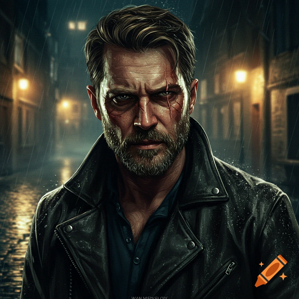 A gritty portrait of a stern man with a beard and facial scars, wearing a leather jacket, standing in the rain on a dark, wet city street at night.