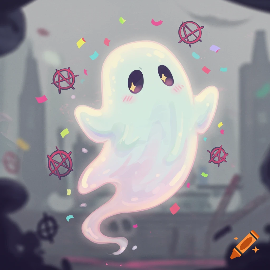 A cute, glowing, cartoon ghost with starry eyes and blush, surrounded by colorful confetti and red anarchy symbols against a blurred grey city background.