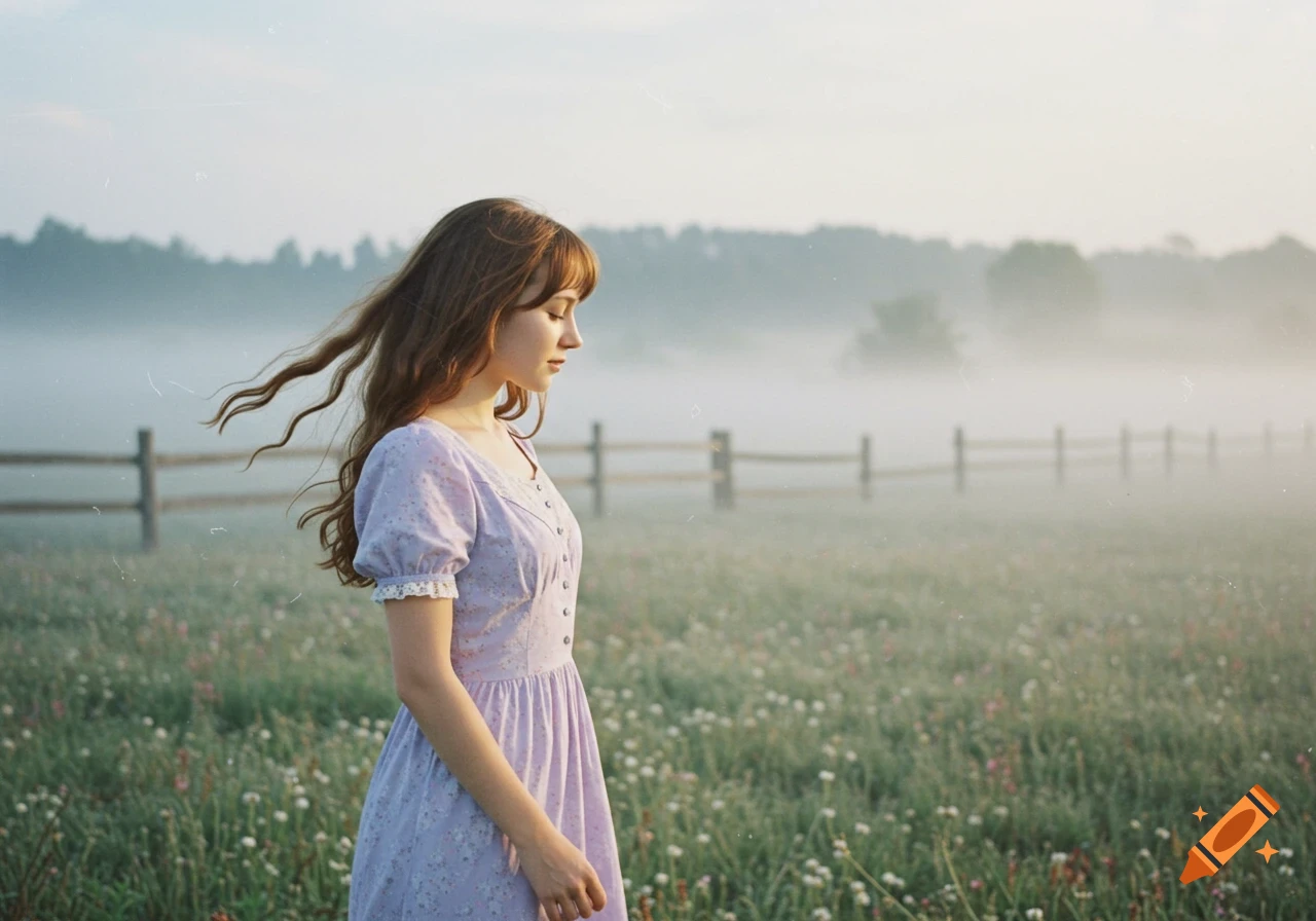 A young woman with long brown hair, wearing a lavender floral dress, stands in a misty field with wild flowers, looking down contemplatively. A wooden fence and trees are blurred in the background.