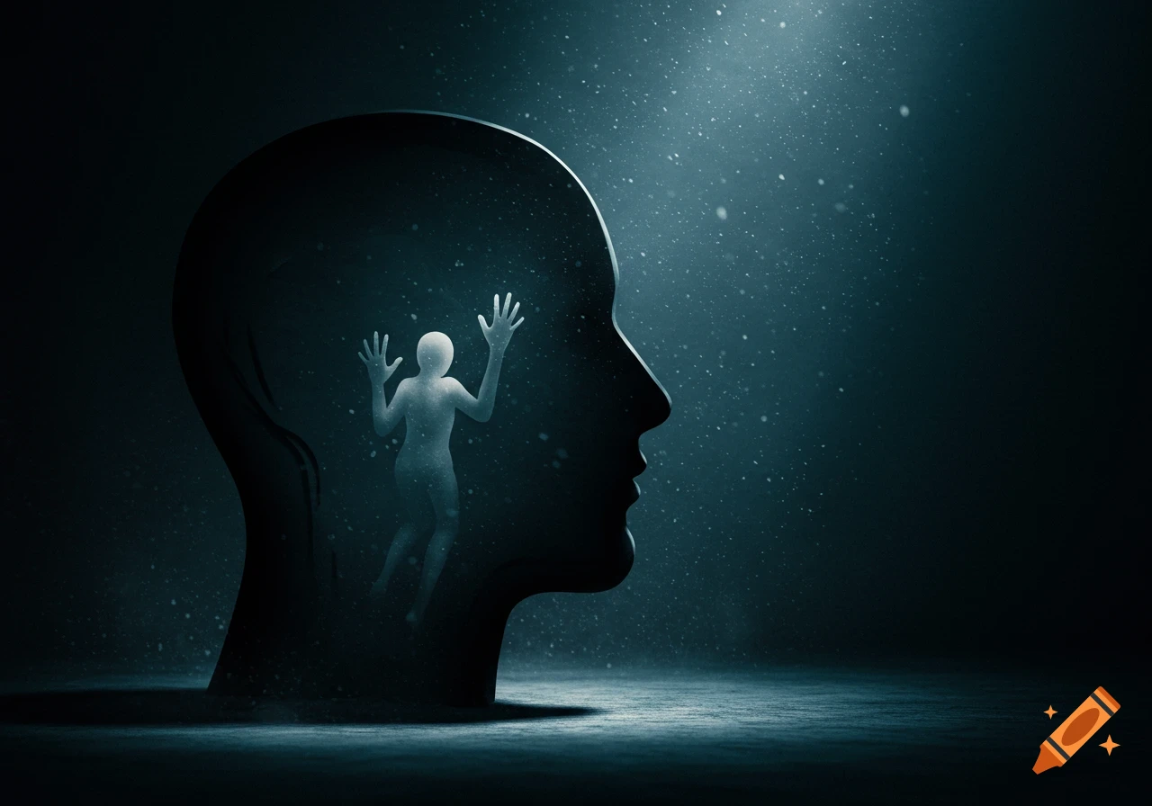 Dark, surreal illustration of a human head silhouette with a smaller figure trapped inside, hands pressed against the inner wall, reaching for light.