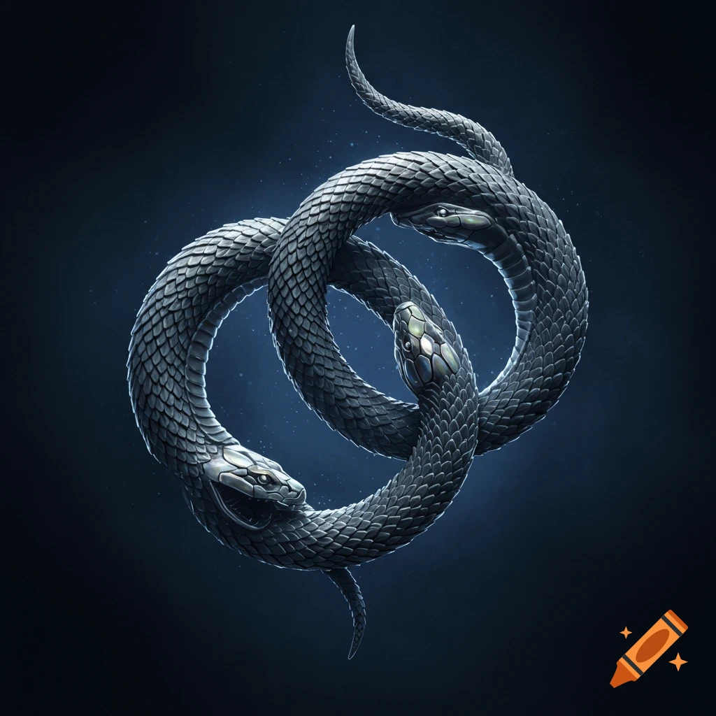 Three detailed metallic snakes intertwine in a circular pattern on a dark background.