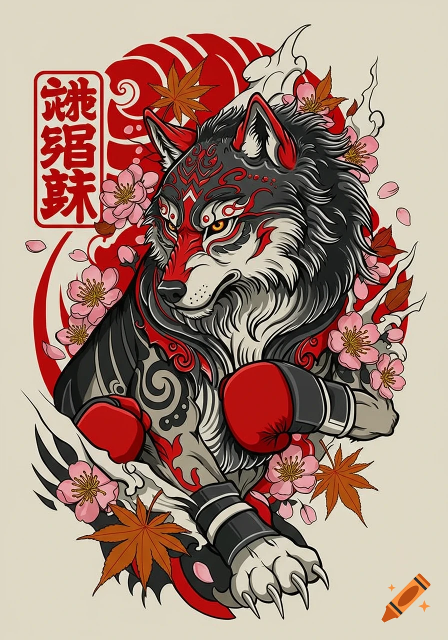 A stylized Japanese tattoo of a black and red wolf wearing red boxing gloves, surrounded by pink cherry blossoms and autumn leaves.