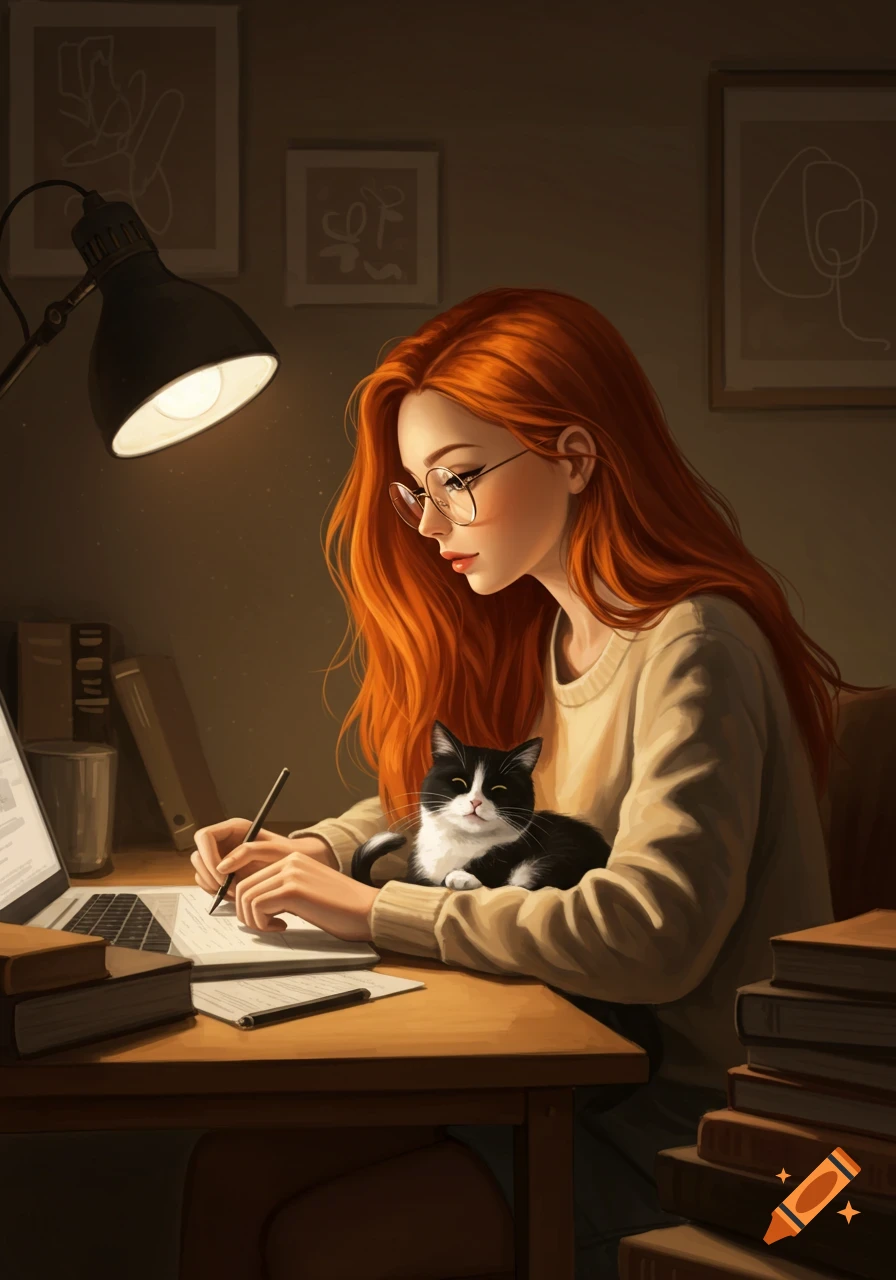 A woman with red hair and glasses studies at a desk with a black and white cat on her arm, under a lamp, in a digital art style.