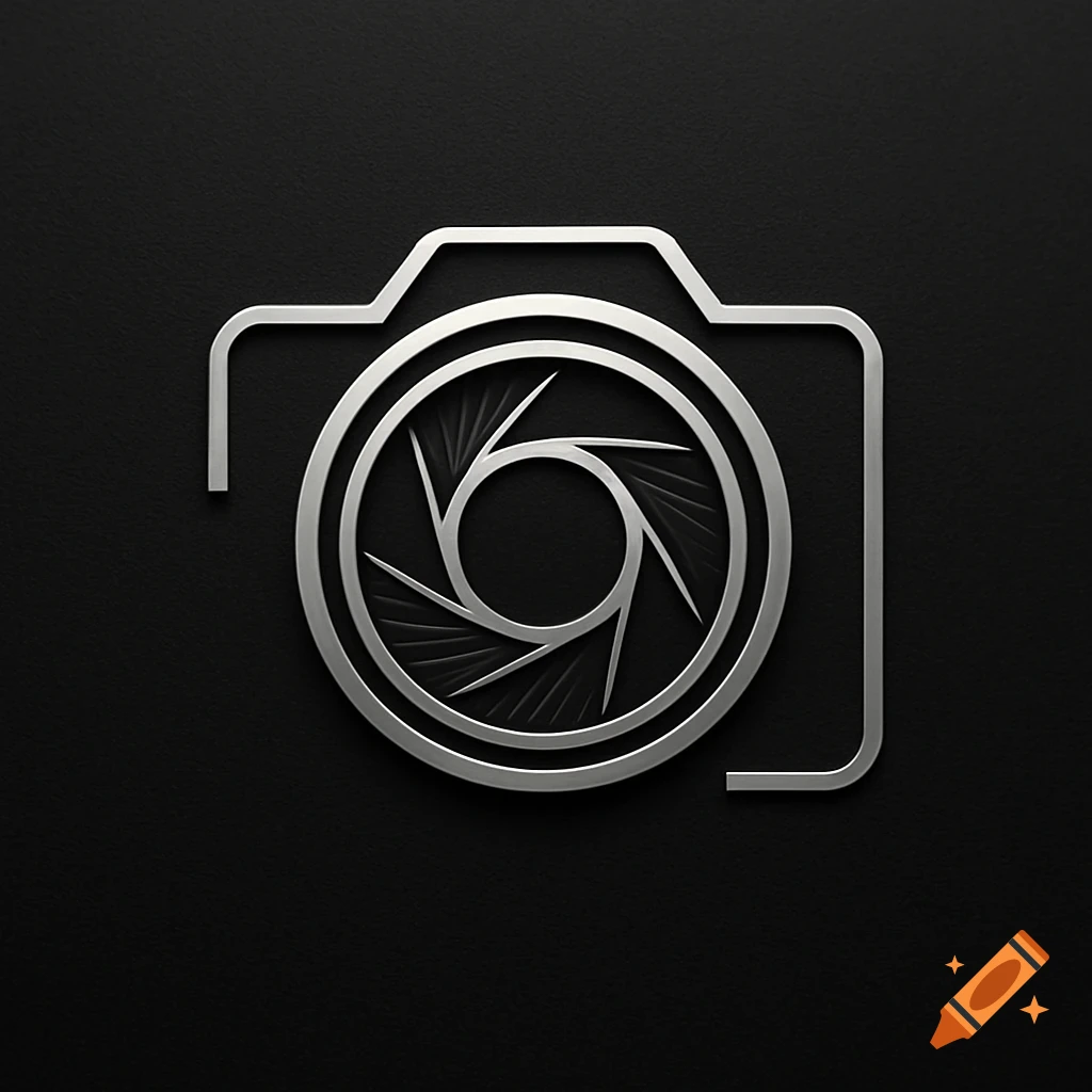 Silver outline logo of a camera with an open aperture on a dark, textured background.