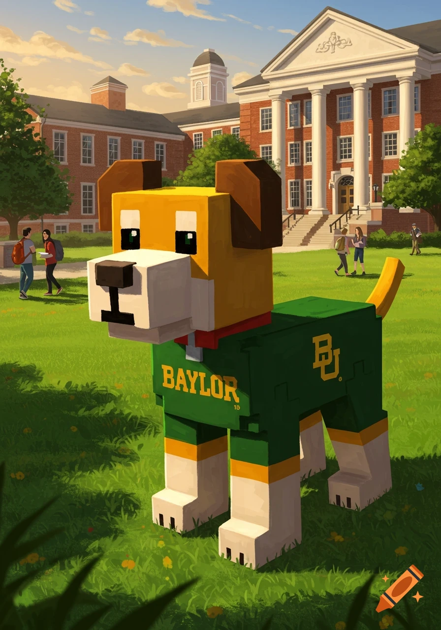A blocky Minecraft-style dog wearing a Baylor University shirt stands on a college campus lawn with students and buildings.