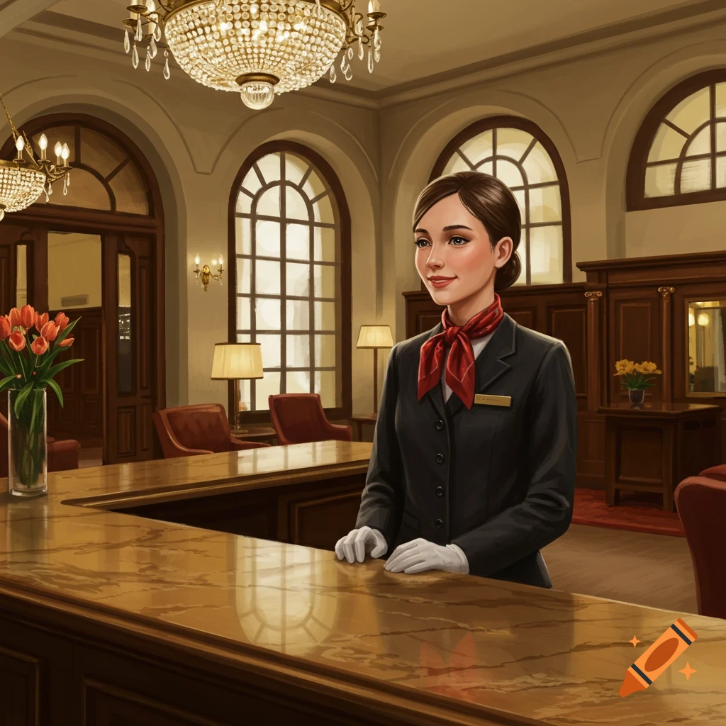 A smiling woman in a dark uniform with a red scarf stands behind a marble counter in a grand hotel lobby.