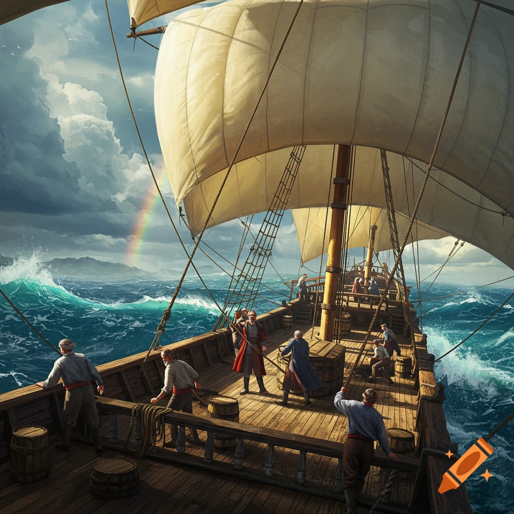 A large sailing ship with many sailors navigates rough seas under a stormy sky with a rainbow, in a painterly style.