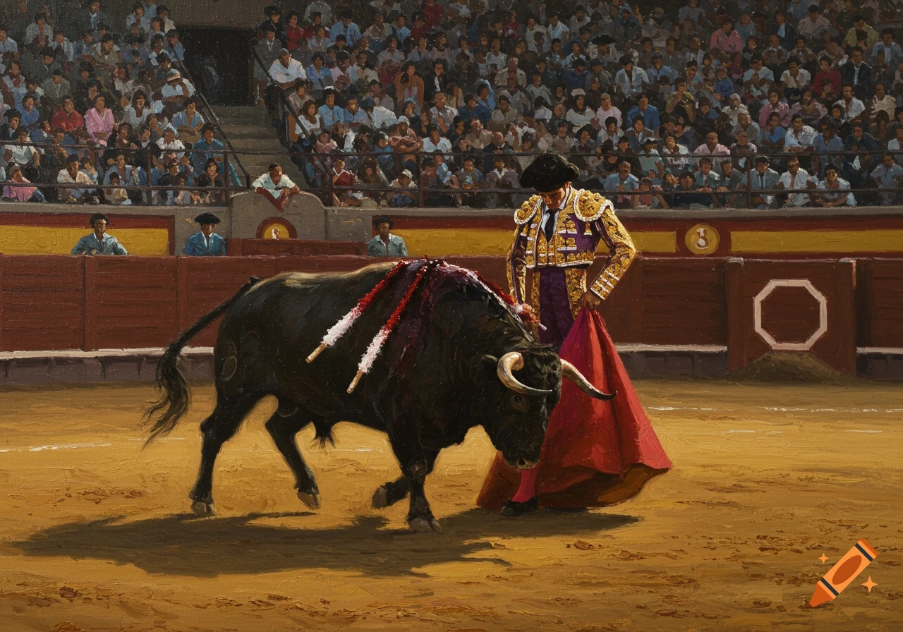 An oil painting of a matador in traditional costume facing a bull in a dusty arena filled with spectators.