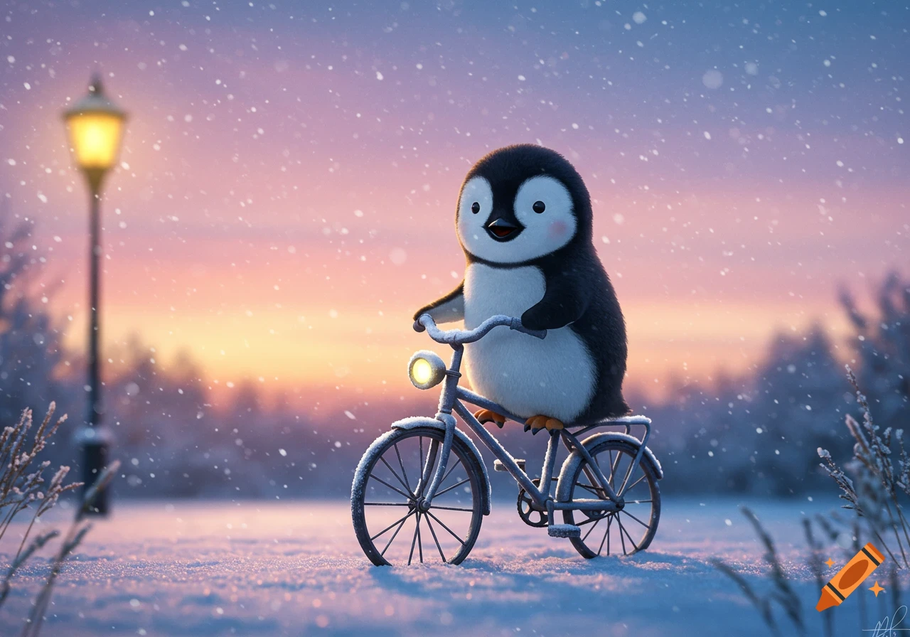A cute, fluffy penguin rides a bicycle through a snowy landscape at sunset, with a glowing street lamp in the background.