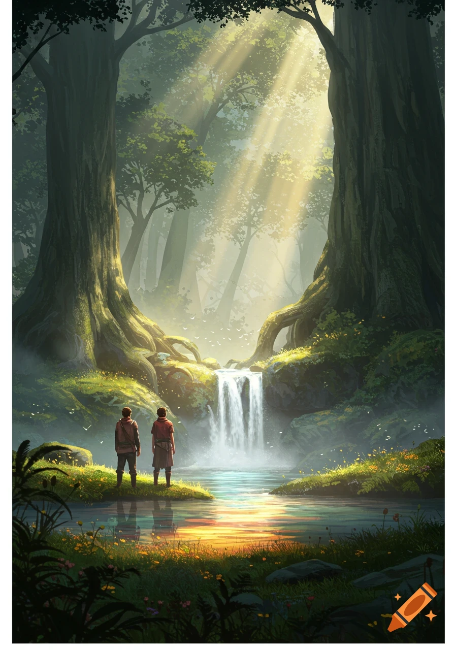 Two people stand before a luminous waterfall in a lush fantasy forest with sunbeams streaming through the trees, digital painting.