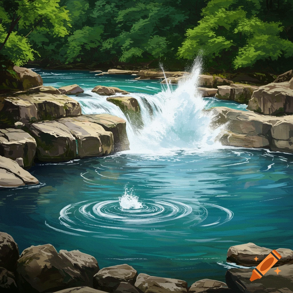 Illustrative painting of a vibrant blue-green river with a waterfall, rocks, and lush green trees, showing water splashing and ripples.