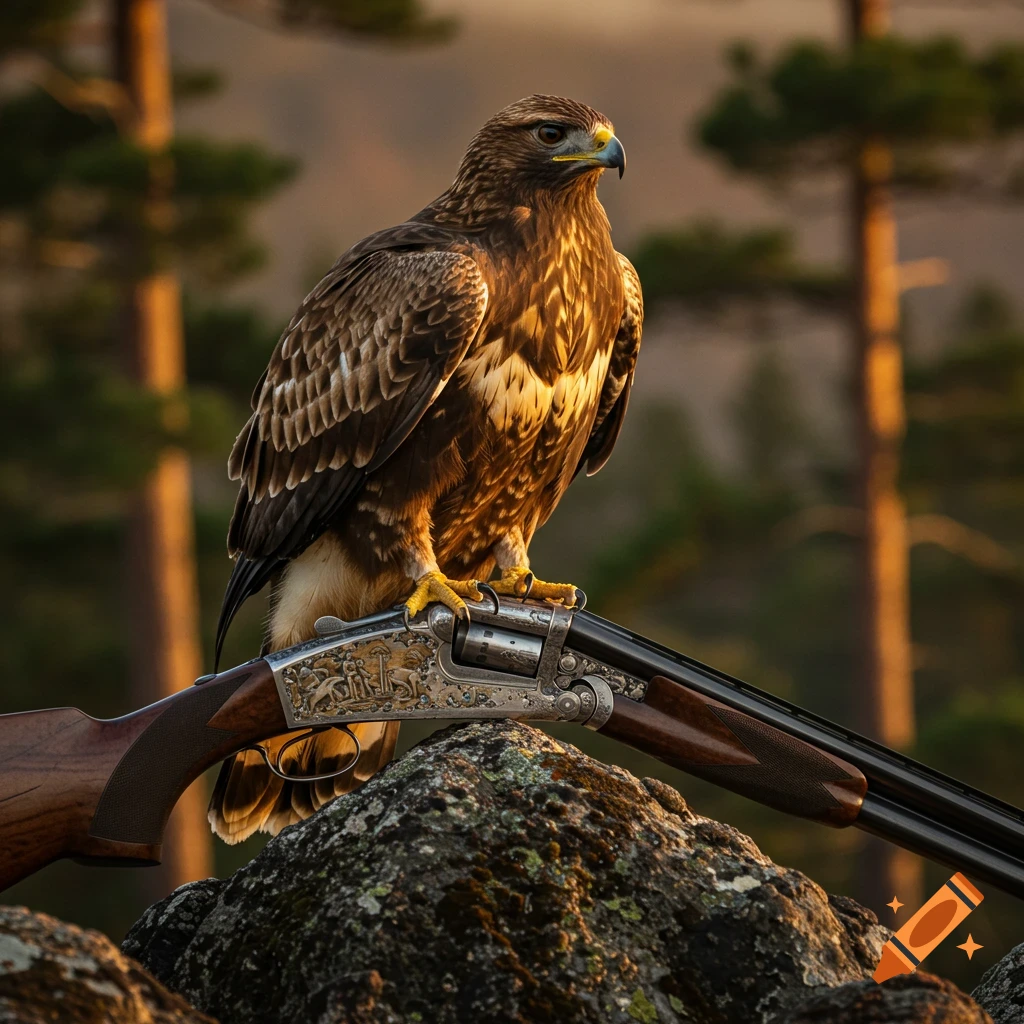 A majestic brown eagle with yellow talons perches atop an ornate shotgun, set against a blurred forest background at sunset.