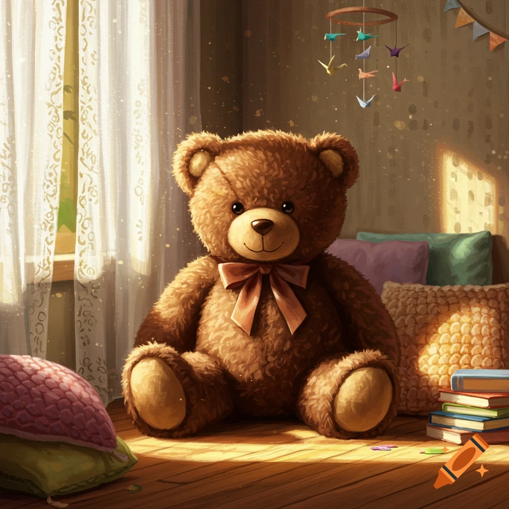 A fluffy brown teddy bear with a pink bow sits on a wooden floor in a sunlit room with white curtains and colorful pillows, digital illustration.