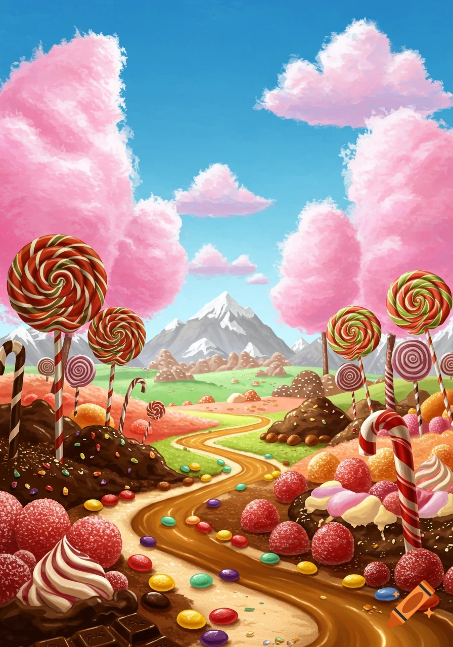 A vibrant candy land features a winding chocolate river, lollipop trees, candy cane bushes, and gumdrop hills under a bright blue sky with pink cotton candy clouds.