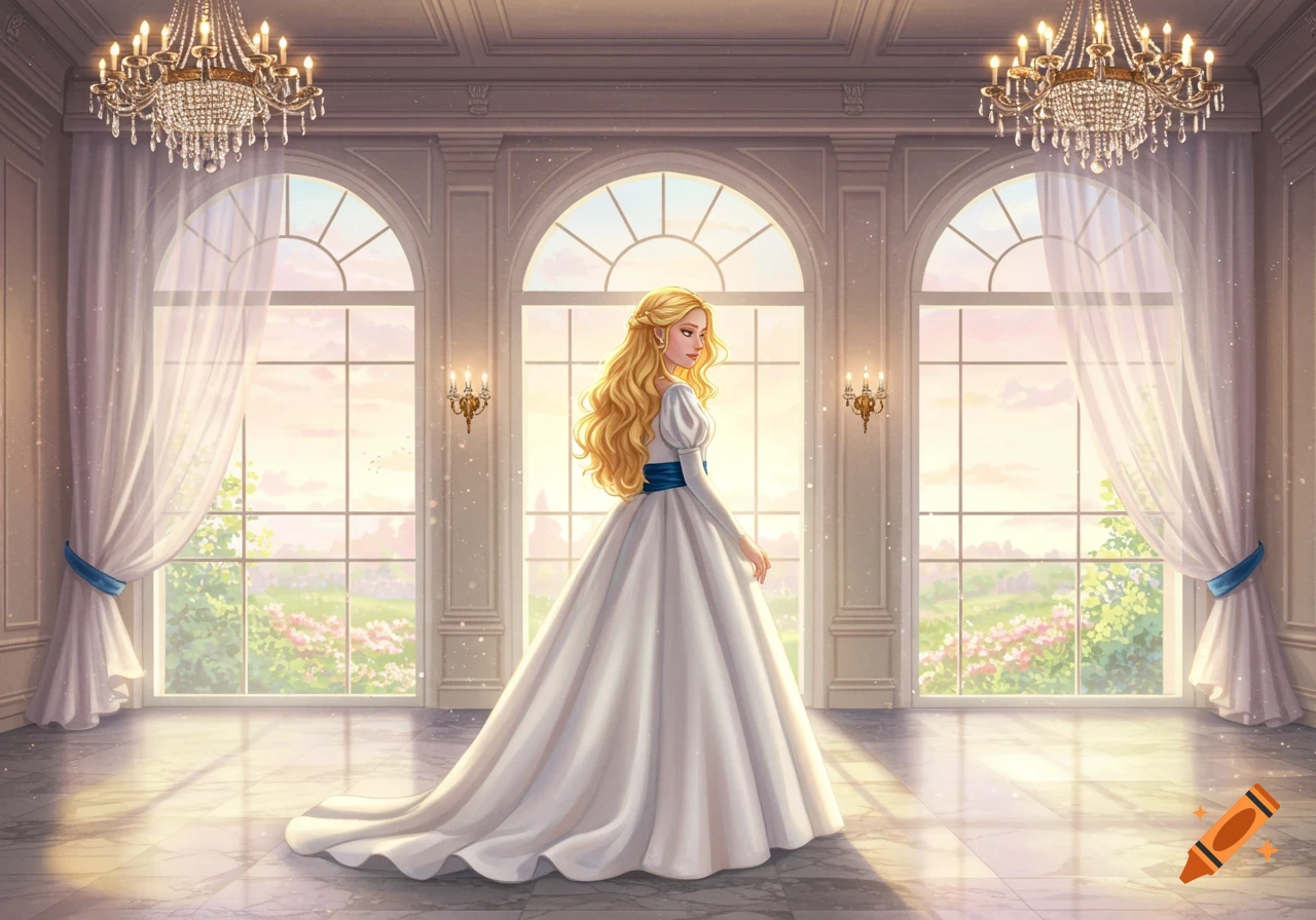 A golden-haired princess in a white gown with a blue sash stands in a grand ballroom with large arched windows overlooking a garden.