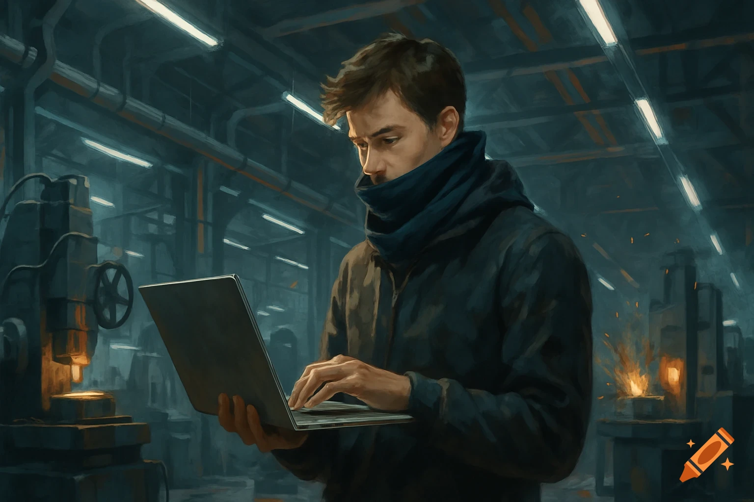 A man in a dark hoodie and neck warmer types on a laptop inside a metalworking factory, illuminated by overhead lights and welding sparks.