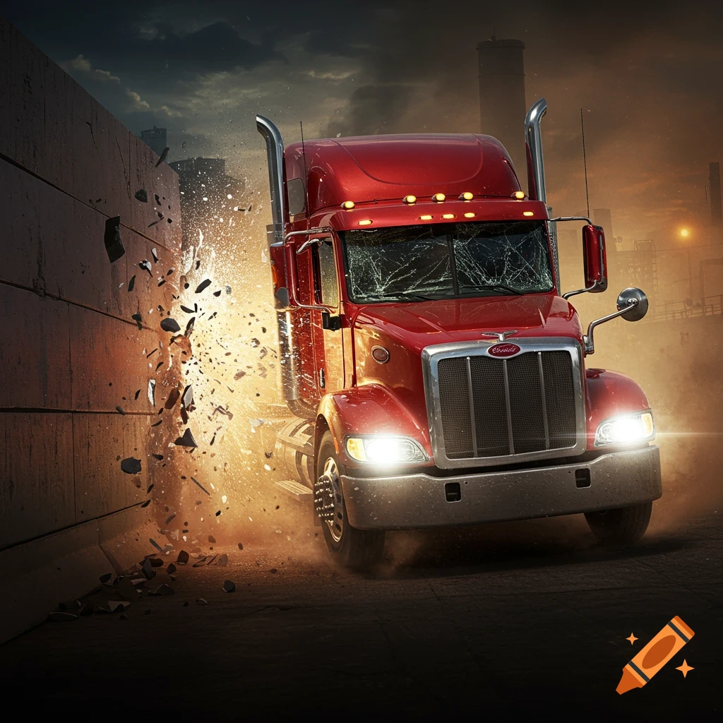 A red Peterbilt semi-truck crashes through a concrete wall, sending debris and sparks flying in a dramatic, photorealistic scene.