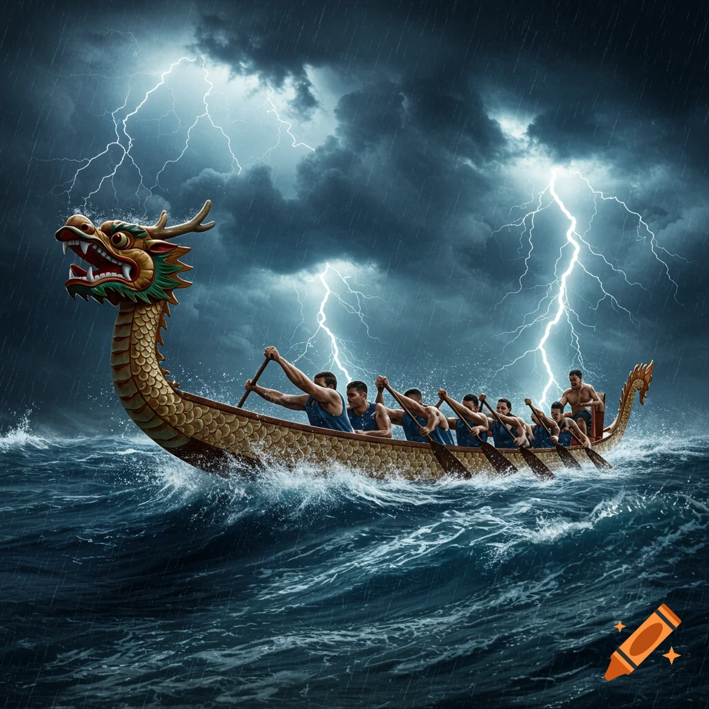 A golden dragon boat with a crew of muscular rowers battles through rough waves and heavy rain under a dark, lightning-filled sky.