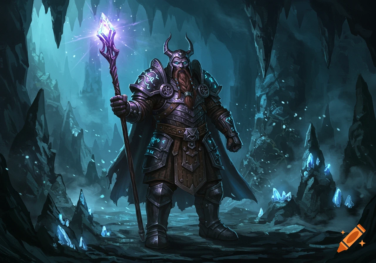 A heavily armored Duergar-like warrior with a horned helmet and glowing eyes holds a staff with a glowing crystal in a dark, icy cavern.